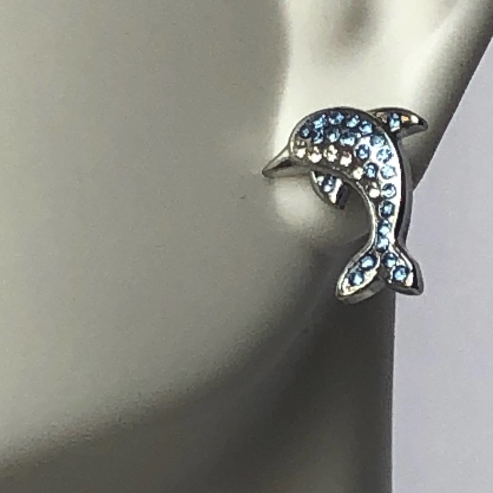 Dolphin crystal rhinestone silver earrings, New - Picture 7 of 14